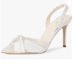 FYS White Pointed Toe Pearl Pumps High Heel Slingbacks Open Back Studs Shoes